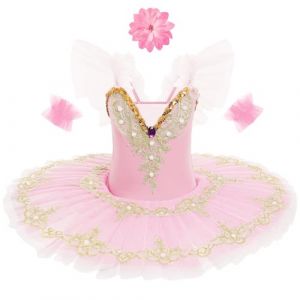 IDOPIP Robe Ballet Enfant: Tutu Danse Classique Fille Justaucorps Danse Fille Ballerine Costumes Paillettes Broderie sans Manches Plateau Tutu - Spectacle De Ballet Danse Rose 110 (BXH, neuf)