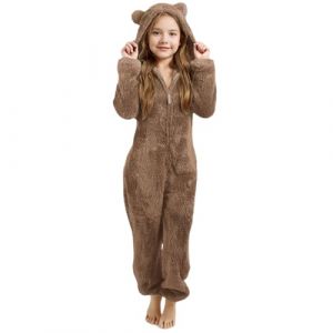 Combinaison Pyjama Fille avec Capuche Oreilles de Chat Couleur Unie Manche Longue Teddy Chaude Playsuit Pyjama Fermeture &eacute;clair en Peluche Automne Hiver Polaire Grenouill&egrave;re (A1 Khaki, 4-5 Years) (LDpOIQta, neuf)