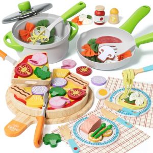 Lehoo Castle Pizza et Pâtes en Bois, Accessoires de Cuisine pour Enfants avec Casseroles et Couverts, Jouets de Cuisine Rôle, Cadeaux pour Les Enfants de 3, 4 et 5 Ans (KWANITHINK EU, neuf)