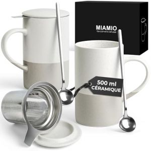 MIAMIO - Set de tasses à thé 2 x 500 ml avec infuseur et couvercle/Tasse de thé en céramique avec infuseur et cuillère pour l'infusion de thé en feuilles (Gris) (Blochergroup FR, neuf)