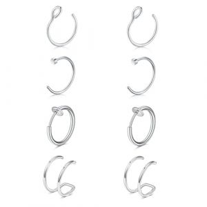 JFORYOU 4 Pairs Acier Inoxydable Faux Anneau Bague de Nez Non piercé False Septum Lip Tragus Boucle d'oreille Argent Bijoux de Piercing (JFORYOU, neuf)