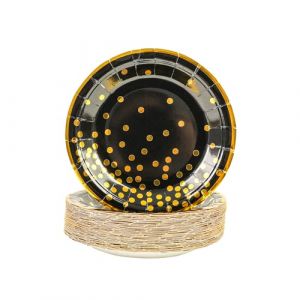 DHAIQC Lot de 50 Assiette Jetable Bordure Dorées 18cm, Or Noir Vaisselle Jetable Anniversaire Assiettes Dessert Assiette Carton pour Barbecue Camping Mariages Fête Anniversaire (Or Noir, 18CM) (xinjuezhuangshi, neuf)