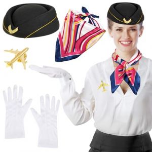 XEPST 4PCS Costume d'Hôtesse de l'Air pour Femme-Ensemble d'Accessoires de Costume d'Hôtesse de l'air avec Chapeau Écharpe Gants Broche pour Femme Halloween Cosplay Carnaval Déguisement, Noir (XEPST, neuf)