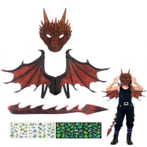 CWENDANER Costume de dragon complet pour enfants avec ailes 3D, masque et queue. Tenue de jeu de r&ocirc;le dinosaure, pour gar&ccedil;ons et filles, Halloween, carnaval, rouge (Jie&M, neuf)