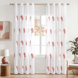 Rideaux Voilage Orange Br&ucirc;l&eacute; avec Beau Motif de Feuilles D&eacute;coratifs, Int&eacute;rieurs Rideau Voile Brod&eacute; a Oeillets Largeur 140 CM Hauteur 225, Transparent Voilage Fenetre Design Moderne Chambre Salon (MIULEE HOME, neuf)