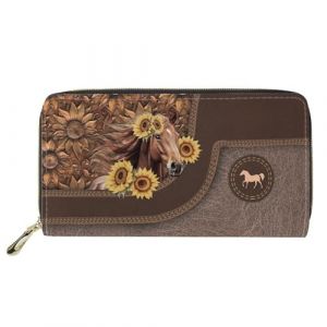 Dolyues Long portefeuille imperméable en cuir synthétique pour femme avec fermeture éclair pour cartes de crédit et argent liquide avec poche pour pièces de monnaie, Cheval tournesol, Classique (dolyueseur, neuf)