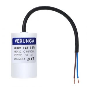 VEXUNGA CBB60 AC Condensateur 9uF 450V Condensateurs de Démarrage Moteur Volet Roulant 9MFD 450VAC SH 40x65MM 50/60Hz Avec Fil pour Pompe Piscine (VEXUNGA-FR, neuf)