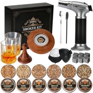 Kit pour Fumeur de Whisky avec Torche &ndash; Copeaux de Bois 6 Saveurs, 2 Verres, 6 Pierres Whisky, Kit pour Fumeur de Cocktails, Kit pour Fumeur de Boisson, Cadeaux D'anniversaire pour Homme (Sans Butane) (Asovnis, neuf)