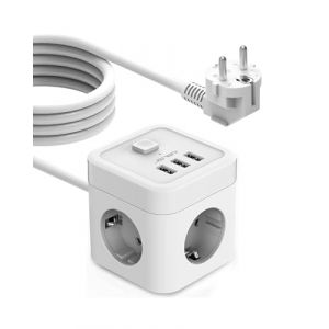 JSVER Multiprise Cube avec USB, Bloc Multiprise 3 Prises avec 3 Ports USB Chargeur (3680W 16A) Parasurtenseur Parafoudre et Surtension avec Interrupteur Cable 5M-Blanc (JsverDirect, neuf)