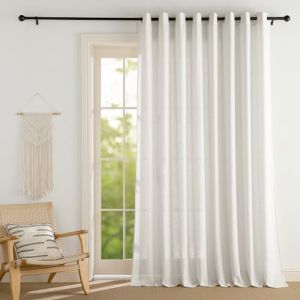 PONY DANCE Rideaux Voilage - Rideau Lin Naturel Draperies Demi Transparent D&eacute;coration de Salon Maison Romantique avec &OElig;illets, Largeur 300 cm sur Hauteur 245 cm, Beige Clair, 1 Pi&egrave;ce (RYB HOME EU, neuf)