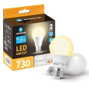 Aigostar Ampoule Capteur Cr&eacute;pusculaire LED E27 8W, Ampoules LED &agrave; Capteur Cr&eacute;pusculaire, Lumi&egrave;re chaude 3000K, 730lumens, Ampoule Allumage Automatique pour Garage Couloir Cave Escaliers, Lot de 2 (AIGOTECH, neuf)