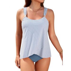 Nadeer Ensemble Tankini Maillot de Bain Femme 2 Pieces Gainant Ventre Plat avec Bas Taille Haute Imprim&eacute; &agrave; Volants Swimwear R&eacute;glable Maillot de Plag Beachwear Swimsuit(Rayures Bleues,XL) (Likela, neuf)