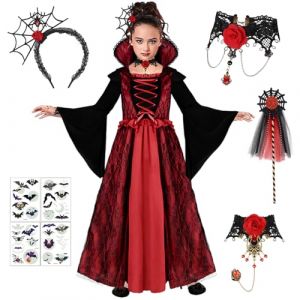 GEEKEO Carnaval Deguisement Vampire Fille - D&eacute;guisement Enfant Vampire avec dent de Vampire Collier Robe Fille Princesse,Cosplay Costume de reine Mardi Gras D&eacute;coration Halloween Carnaval (CHENYIXINYI, neuf)