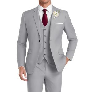 HUUTOE Costume 3 pi&egrave;ces &eacute;l&eacute;gant pour mariage, bal de fin d'ann&eacute;e, affaires, blazer &agrave; un bouton, veste gilet et pantalon, smoking, pour homme, personnalisable, gris argent&eacute;, Taille XL (xudebaihuo, neuf)
