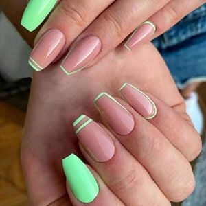 Brishow Cercueil faux ongles courts appuyez sur les ongles ballerine acrylique bâton sur les ongles 24 pièces pour les femmes et les filles （rose vert） (BRISHOW, neuf)