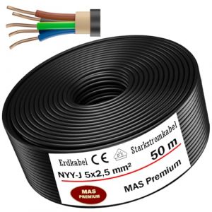 C&acirc;ble de terre 50 m [NYY-J 5 x 2,5 mm&sup2;] &ndash; Produit de qualit&eacute; allemande &ndash; C&acirc;ble &eacute;lectrique avec anneau pour la pose en ext&eacute;rieur et en terre &ndash; C&acirc;ble d'alimentation standard &ndash; Fabriqu&eacute; en Allemagne (MAS-Premium, neuf)