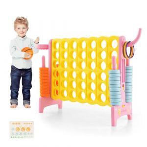 COSTWAY 3 en 1 Jeux Puissance 4 Géant Enfants avec 42 Jetons & 5 Anneaux, Jeu de Société avec Panier de Basket & Lancer d’Anneaux, Intérieur Extérieur, 120 x 33 x 78,5 cm (Rose+Jaune)… (FDS GmbH, neuf)