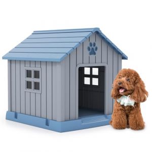 COSTWAY Niche pour Chien Exterieur Interieur en PP, Toit en Pente, 2 Fenêtres, Aérations, Cabane Chien Exterieur, 4 Piquest de Sol, Base Surélevé, pour Chiot Chat Lapin, 76 x 83 x 83 cm (FDS GmbH, neuf)