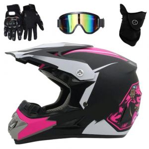 Casque de Motocross IntéGral, Avec Lunettes, Gants, Masque, éQuipement de Protection Pour Jeunes Enfants, VTT, BMX, Quad, Dirt Bike(Pink ghost head,L(56-57cm)) (YUJINGNA, neuf)