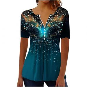 Chemisier Femme Chic et &Eacute;l&eacute;gant Manches Courtes Tshirt Chemisiers Et Blouses Grande Taille Imprim&eacute; Pliss&eacute; Henley Tunique Tops Col V Blouse de Soie Boheme Haut Tunique &Eacute;t&eacute; Tee Shirt Femmes Solde (⭐⭐⭐⭐⭐AEGJEGVD⭐⭐⭐⭐⭐, neuf)