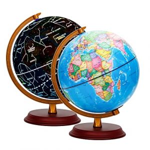 EXERZ 20cm Globe Lumineux - Globe Terrestre en Bois - Carte Politique en Français (jour) - Etoiles et Constellations (Nuit) - Lampe LED (Exerz, neuf)