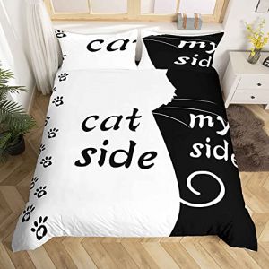 Homemissing Chat Side & My Side imprimé Housse de Couette Couple Sets de Housse de Couette Noir et Blanc Mignon Chat Motif Housse de Couette 200x200cm Parure de Lit pour Garçon Fille Enfants (Bofanshangmao, neuf)