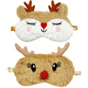 2 Pi&egrave;ces Masque de Sommeil de No&euml;l, Masque pour les Yeux de Renne, 3D Moelleux Masque en Peluche pour Femme Filles Enfant Adultes, Mignon Animal Masques de Sommeil pour Voyage Train Voiture Maison (Censuob, neuf)