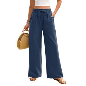 Niwicee Pantalon Fluide Femme Été Pantalon Femme Coton Décontracté avec Cordon Elegant avec Poches Pantalon Droit à Jambes Larges Printemps Pantalon (Bleu Marine, XL) (Veayada, neuf)