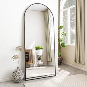 Koonmi Miroir sur pied avec dessus bombé, 171 x 76 cm, miroir arqué, avec verre robuste, miroir complet monté au mur, appuyé ou à placer librement avec pince, noir (KoonmiEU, neuf)