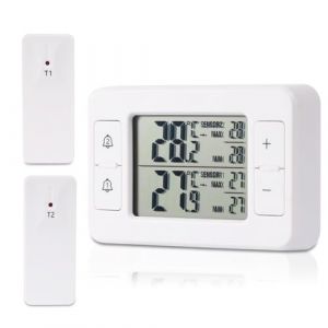 Thermom&egrave;tre de r&eacute;frig&eacute;rateur, thermom&egrave;tre de cong&eacute;lateur avec 2 capteurs sans fil, thermom&egrave;tre int&eacute;rieur ext&eacute;rieur, alarme de temp&eacute;rature, MIN/MAX, fl&egrave;che d'affichage de tendance de temp&eacute;rature (Fouvin, neuf)