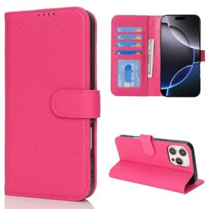 Cavor Coque Compatible avec iPhone 16 Pro Max Etui,Cuir v&eacute;ritable Flip Portefeuille &Eacute;tui en Cuir,[4 Porte Cartes][Magn&eacute;tique][RFID Blocker],Protection Housse - Rouge ros&eacute; (Copmob, neuf)