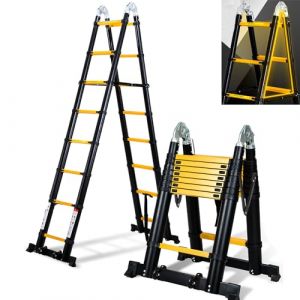 Cecaylie Échelle télescopique pliable de 5 m (2,5 + 2,5), en aluminium, avec double poulie amovible, charge maximale : 150 kg, extensible, antidérapante, noir jaune (HAOHUOBPY, neuf)