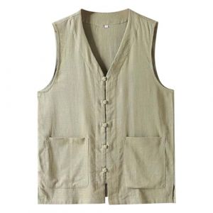 Gilet en Lin pour Homme - Gilet d'été - Décontracté - Banquet - Blazer - Rétro - pour l'été - sans Manches - Style Chinois - pour Légère et Douce de Mariage Business Soirée - Couleur Unie (ELECTRI, neuf)