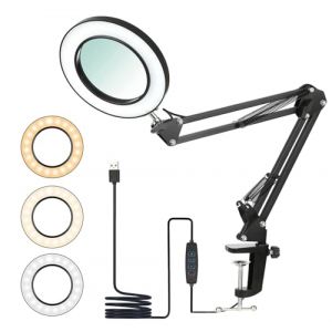 Lampe de Bureau avec Loupe 10X, LED Lampe Loupe avec 72LEDS, 3 Modes de Couleur&10 Niveaux de Luminosité, Loupe sur Pied, Aide à la Lecture Lampe Grossissante pour Lecture, Réparation-Noir (Songlypian, neuf)