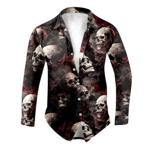 Chemise à manches longues pour homme - Motif tête de mort - Coupe droite - Imprimé amusant - Chemise traditionnelle - Horreur - Avec boutons - Chemises à motifs - Hauts - Revers - Chemise d'Halloween (Bluelucon, neuf)