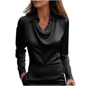 Chemisier Femme Chic Et &Eacute;l&eacute;gant Chemisier Satin Chemisiers Et Blouses Mode Tunique Blouse Couleur Unie Vetement Funky Haut D&eacute;contract&eacute; Tshirt Manche Longue Warehouse Noir L (mihongmd, neuf)