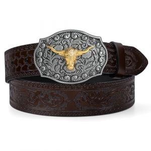 LEACOOLKEY Ceinture western pour hommes et femmes Cowgirl Cowboy gravée en relief Tooled Ceinture en cuir avec boucle pour pantalon en jean Rodeo, Café F (boucle taureau), (130CM)Passform (LEACOOLKEY, neuf)