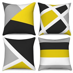 Hnmdmyi Housse de Coussin Jaune 50x50 Set de 4, Gris et Noir Moderne Abstrait Rayures Simple G&eacute;om&eacute;trique D&eacute;coratif Housse de Coussin en Lin Housse de Coussin pour canap&eacute; Jardin ext&eacute;rieur Home Decor (Hnmdmyi, neuf)