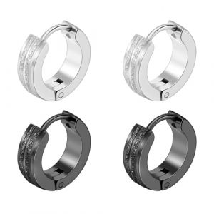 2 Paires Boucles d'Oreilles Homme Cr&eacute;oles Acier Inoxydable Boucle d'Oreille Homme Petites Boucles d'Oreilles Cr&eacute;oles Piercing Anneau Cartilage Helix Piercing Oreille Homme Femme(noir, argent) (ZJZH, neuf)