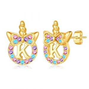 TINGN Boucles d'oreilles licorne pour filles - Argent 925 hypoallerg&eacute;nique - Zircon arc-en-ciel color&eacute; - Boucles d'oreilles avec lettres en or - Bijoux licorne - Cadeau pour fille de 5 &agrave; 12 ans (TINGN JEWELRY, neuf)