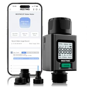 RESTMO Débitmètre d'eau intelligent, compteur de robinet d'arrosage adaptatif à 180°, mesure la consommation et le débit pour l'arrosage du tuyau d'arrosage extérieur, le remplissage du réservoir (Restmo FR, neuf)