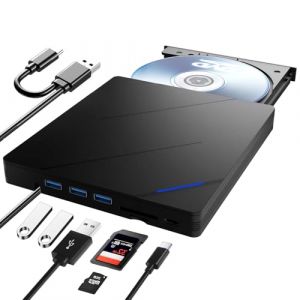 Lecteur Externe Blu Ray - 7 en 1 Lecteur Blu-Ray Externe, Lecteur DVD/BD Graveur Blu Ray avec USB 3.0 Type-C, Portable 3D CD DVD Graveur Optical Bluray Drive pour Ordinateur Windows 7/8/10/11/MacOS (ChunMing, neuf)