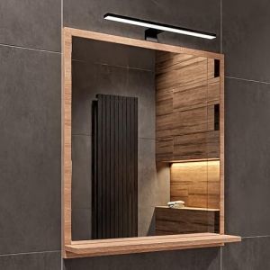 Miroir de Salle de Bain LED Sonoma avec &Eacute;tag&egrave;re &ndash; 60x70 cm &ndash; &Eacute;clairage 4000K IP44 &ndash; Miroir Rectangulaire Mural Moderne avec Bo&icirc;tier LED Noir &ndash; Miroir avec Rangement pour Salle de Bain (Hajduk Furniture, neuf)