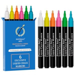 Pinturale Arts Set 6 Feutre Craie Effacable Tableau Noir | Pointe 2mm | Stylo Craie Pour Tableau Noir Effacable | Crayon Craie Pour Vetre, Virre, Ardoise (Leonition, neuf)