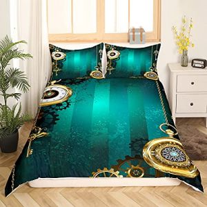 Homemissing Bijoux Steampunk Montre Or Parure de Lit 140x200cm Horloge Th&egrave;me Engrenages Parure Housse de Couette D&eacute;cor M&eacute;canique Cha&icirc;ne et Cl&eacute;s Housse de Couette Texture Verte R&eacute;tro (Bofanshangmao, neuf)