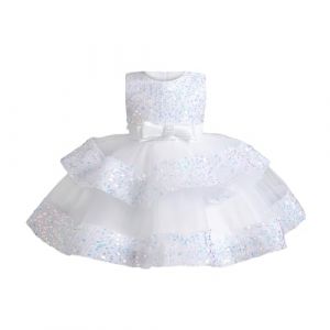 Miipat Bébé Fille Robe Bambin Princesse Tulle Sequins sans Manches Formelle Fleur Fille Robe pour La Fête Anniversaire Mariage Blanc 80 12-18 Mois (Miipat, neuf)