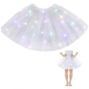 AYBUY Tutu Jupe LED Lumineuse Fille,Jupe Danse de Ballet de Paillettes étoiles Tulle Fille,Jupe en Tulle Avec LumièRes,LED Jupe de danse lumineuse,pour Fête Anniversaire Noël,Blanc (withchance, neuf)