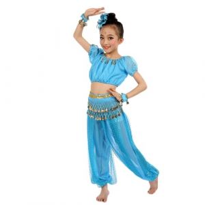 Costume Danse Indienne Enfant Tenue BolIywood Fille Ensemble Belly Dance avec Haut, Pantalon, Ceinture, Voile et Bracelets Déguisement Spectacle, Fête, CarnavaI, Danse (Z01-Sky Blue, 6-7 Years) (AncientCrab, neuf)
