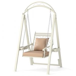 HOMFME Fauteuil Balan&ccedil;oire Ext&eacute;rieur 1 Place, Portique Balancelle M&eacute;tal avec 2 Plateaux, Coussins Assise & Dossier, Support Balan&ccedil;oire Forme A pour Jardin Terrasse Porche Balcon, 92x102x179CM (Blanc) (HOMFME, neuf)