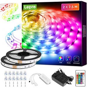 Lepro Ruban LED 15m, LED Chambre RGB de Musique, Bande LED Multicolore Améliorée avec Télécommande et Adaptateur, 300 LEDs SMD 5050 Lumineuses pour Mariage Soirée Fête, 2 x 7.5m (Lepro FR, neuf)